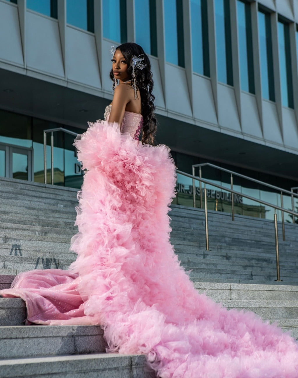 Blush Pink Mermaid Gown With Crystal Beaded And Tulle Overskirt