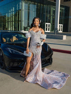 Silver Off Shoulder Sequin Beaded Mermaid Prom Gown With Floral Feathers