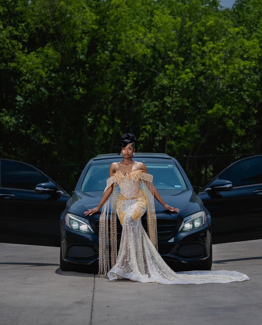 Champagne Gold Beaded Mermaid Gown Off Shoulder Dramatic Fringe Cape Mesh Panels