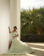 Mint Green Off Shoulder Sequin Beaded Prom Dress With 3D Leaf Applique Train