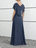 Robe longue en mousseline bleu poussiéreux à col en V avec manches volantées et jupe à volants