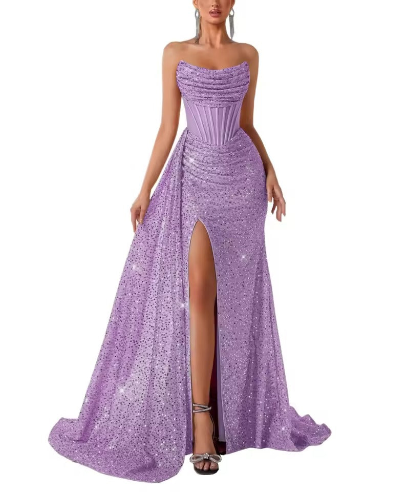 Vestido de Noite de Sereia com Lantejoulas Sem Alças | Vestido de Baile com Corpete Franzido e Fenda