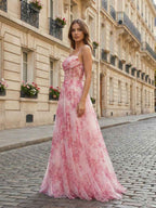 Pink Floral Corset Prom Dress With Tulle Long Gown