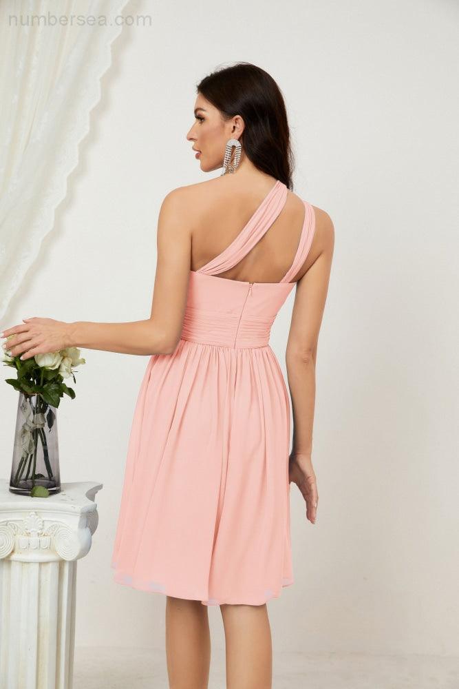 Numbersea Damen Chiffon Kurzes Ein-Schulter Brautjungfernkleid Festliche Kleider für Feier Heimkehr 2804
