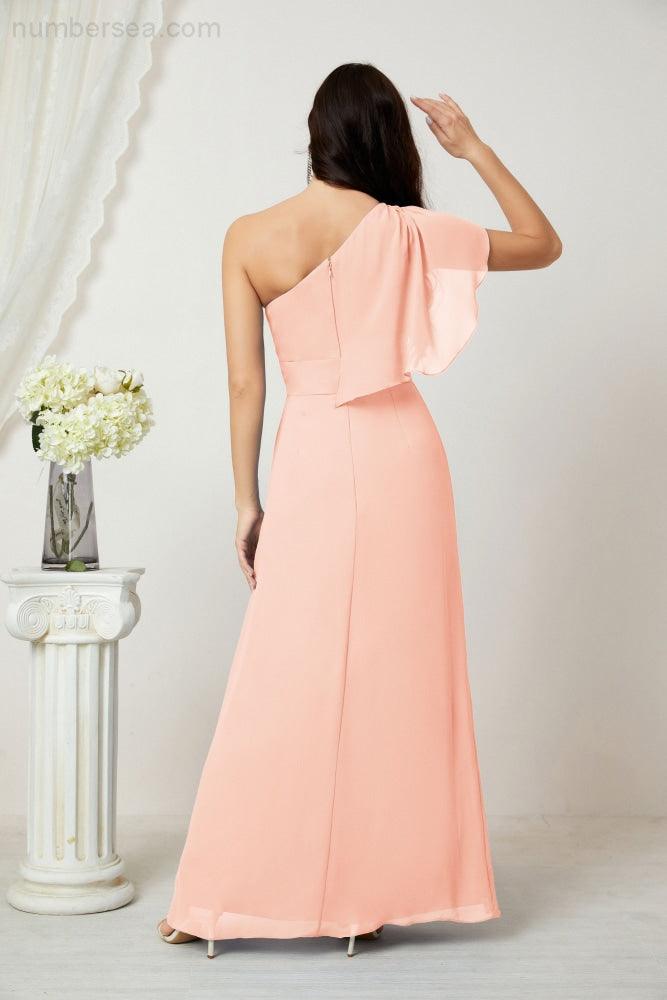 Abito da Sera Formale A-line con Spalla Singola e Balze in Chiffon, Spacco Laterale, per Damigelle, Modello 2809