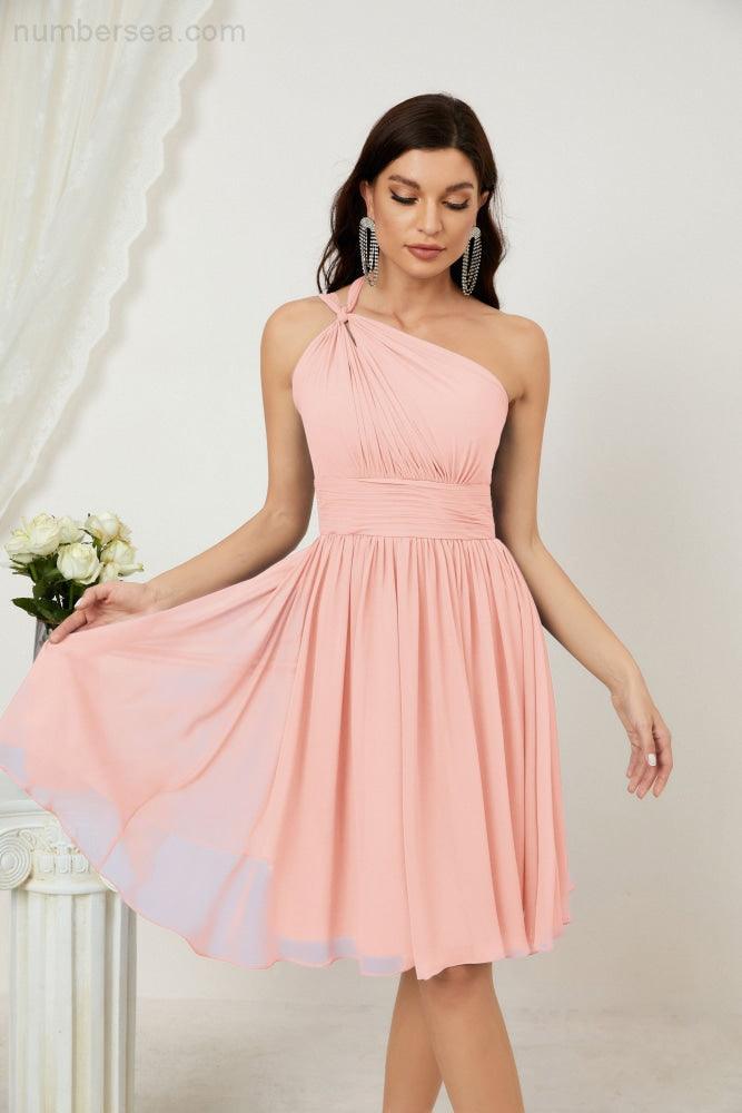 Numbersea Damen Chiffon Kurzes Ein-Schulter Brautjungfernkleid Festliche Kleider für Feier Heimkehr 2804