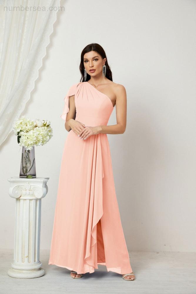 Abito da Sera Formale A-line con Spalla Singola e Balze in Chiffon, Spacco Laterale, per Damigelle, Modello 2809