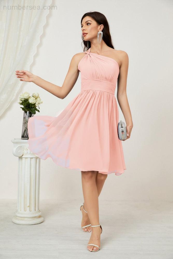 Numbersea Damen Chiffon Kurzes Ein-Schulter Brautjungfernkleid Festliche Kleider für Feier Heimkehr 2804