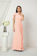 Abito da Sera Formale A-line con Spalla Singola e Balze in Chiffon, Spacco Laterale, per Damigelle, Modello 2809