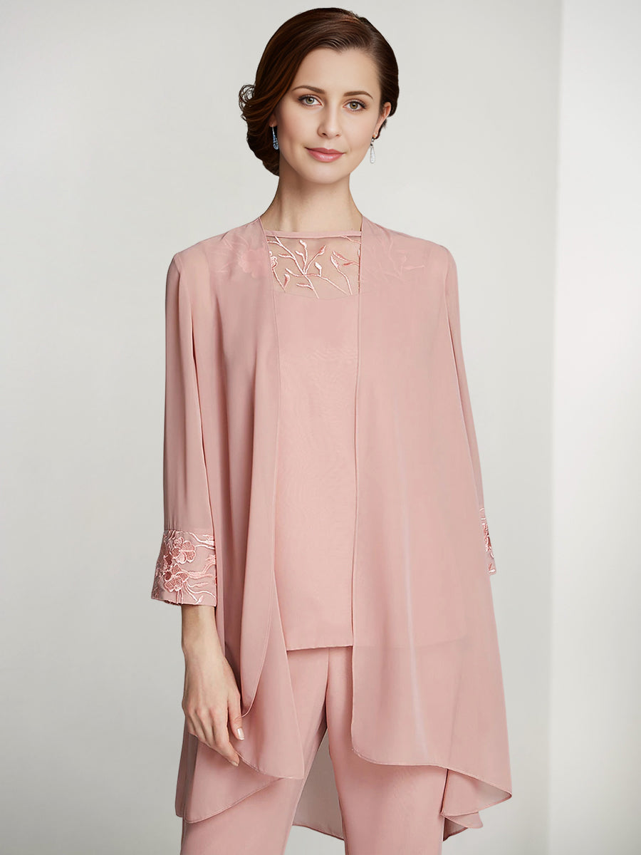 Floor Length Chiffon Pantsuit With Square Neck And Jacket For Mother Of The Bride