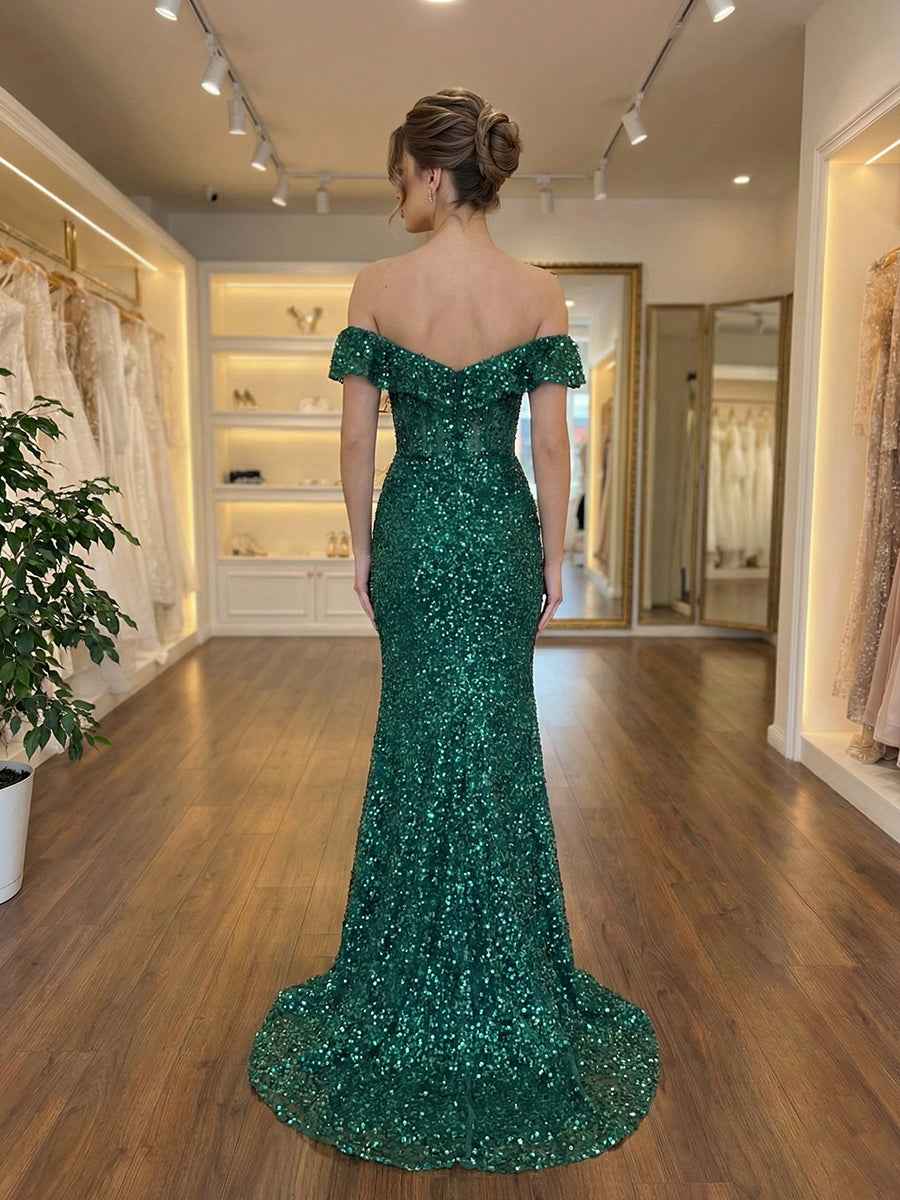 Emerald Off Shoulder Sequin Mermaid Prom Dress With Slit