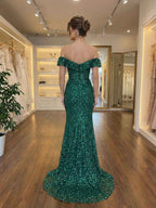Emerald Off Shoulder Sequin Mermaid Prom Dress With Slit
