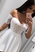 White Off Shoulder Short Sleeve Homecoming Dresses with Appliques