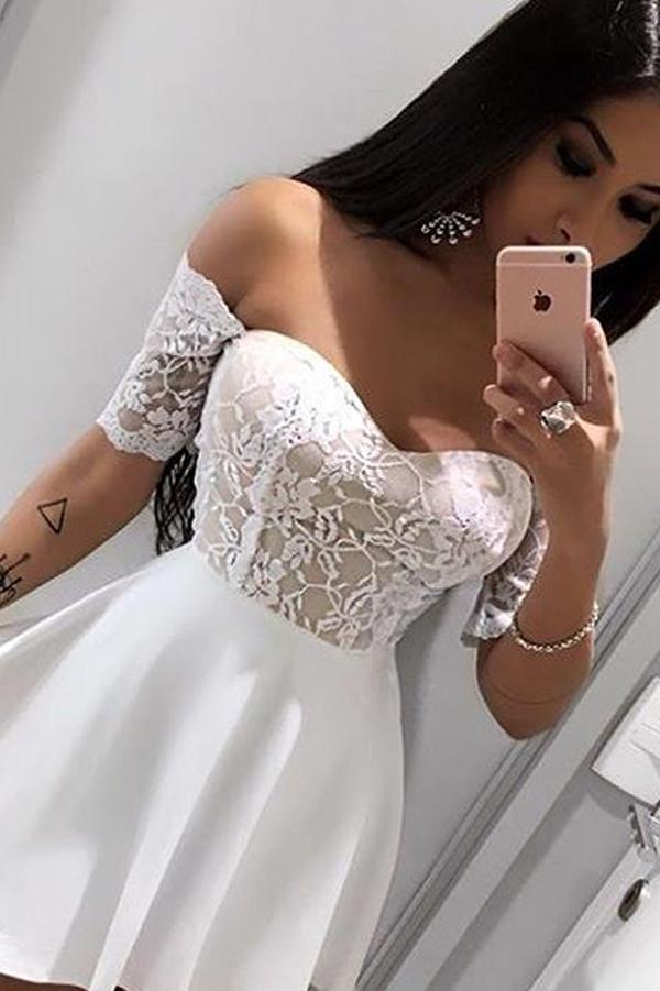 White Off Shoulder Short Sleeve Homecoming Dresses with Appliques