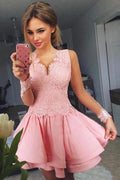 Pink Sheer Long Sleeve V Neck Appliques Homecoming Dresses, Short Prom Dress
