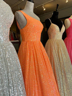 Abito da sera con paillettes, monospalla a linea ad A, con tasche