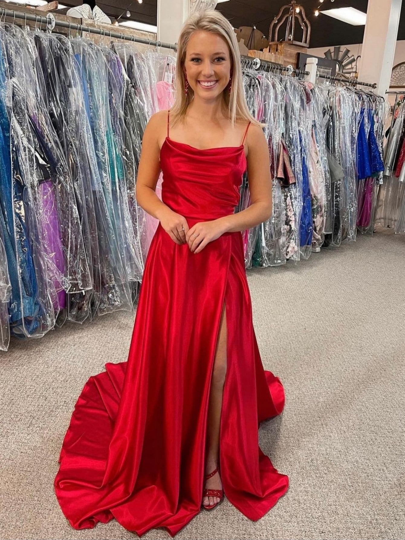 A Line Cowl Neck Satin Prom Dress With Slit