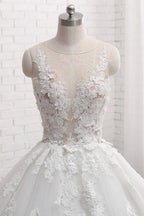 Romantic Long Train Sleeveless Tulle Wedding Dress With Appliques Lace