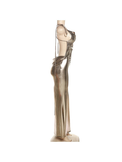 Metallic Coated Deep Neck Backless Evening Dress