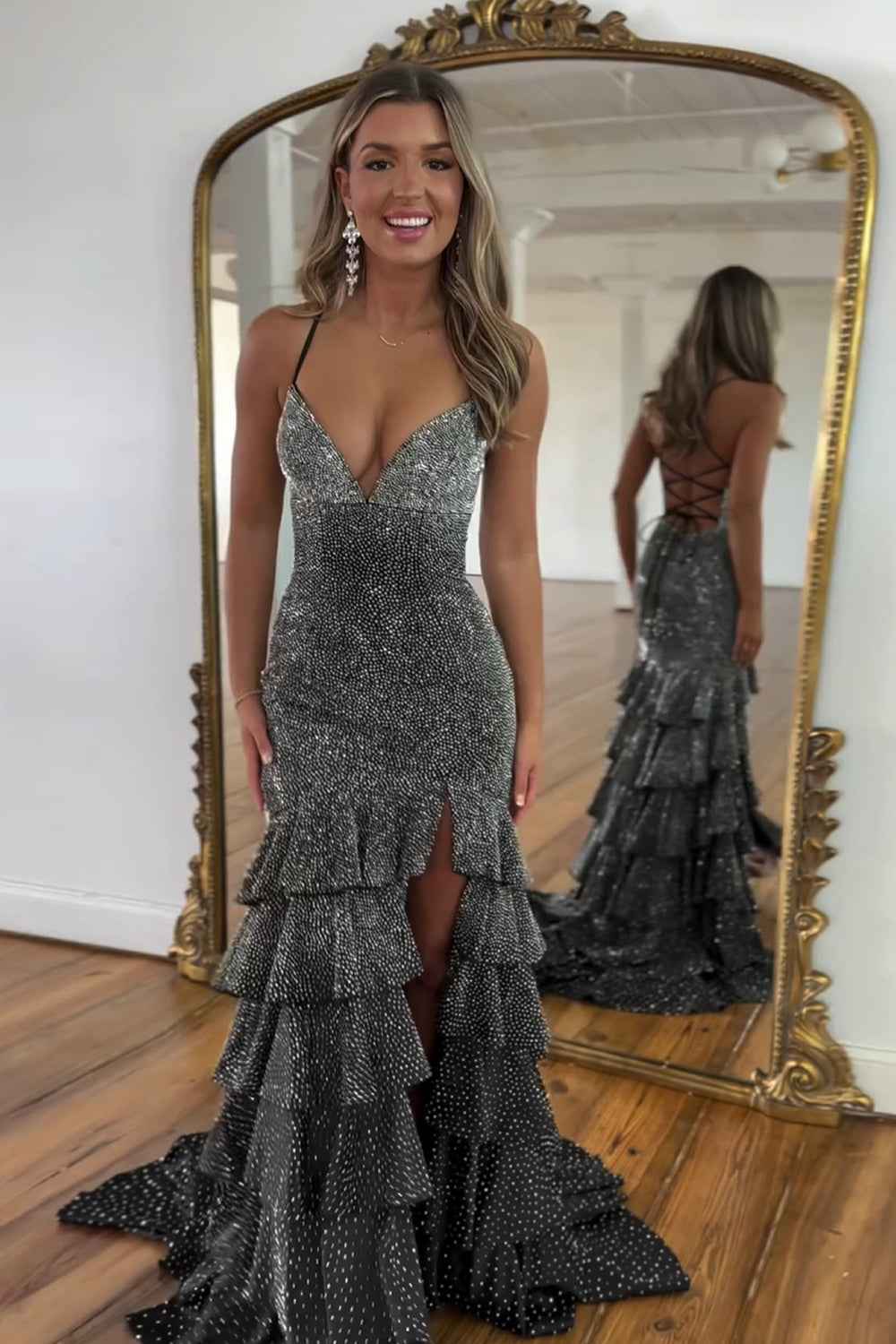 Sparkly Mermaid Black Prom Dress With Spaghetti Straps Beaded Tiered Slit