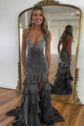Sparkly Mermaid Black Prom Dress With Spaghetti Straps Beaded Tiered Slit