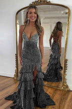 Sparkly Mermaid Black Prom Dress With Spaghetti Straps Beaded Tiered Slit