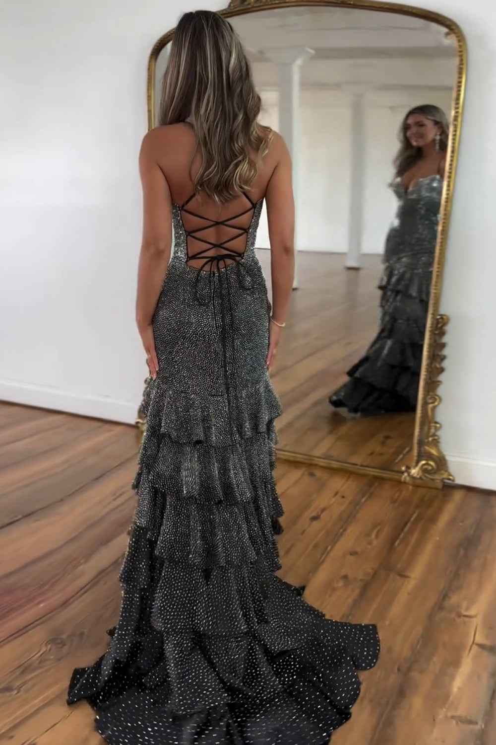 Sparkly Mermaid Black Prom Dress With Spaghetti Straps Beaded Tiered Slit