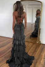 Sparkly Mermaid Black Prom Dress With Spaghetti Straps Beaded Tiered Slit