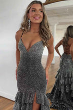 Sparkly Mermaid Black Prom Dress With Spaghetti Straps Beaded Tiered Slit