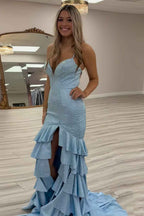 Sparkly Mermaid Black Prom Dress With Spaghetti Straps Beaded Tiered Slit