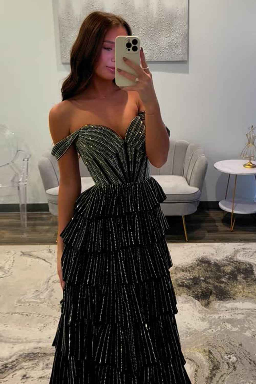 Sparkly Gold Off Shoulder Beaded A-Line Corset Prom Dress