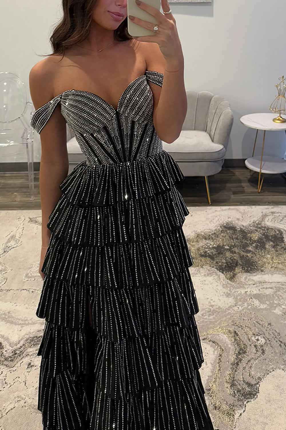 Sparkly Gold Off Shoulder Beaded A-Line Corset Prom Dress