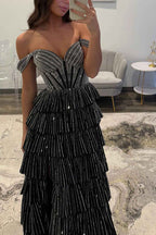 Sparkly Gold Off Shoulder Beaded A-Line Corset Prom Dress