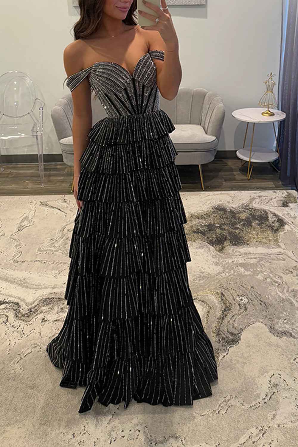 Sparkly Gold Off Shoulder Beaded A-Line Corset Prom Dress
