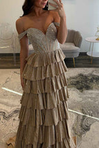 Sparkly Gold Off Shoulder Beaded A-Line Corset Prom Dress