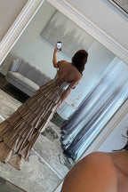 Sparkly Gold Off Shoulder Beaded A-Line Corset Prom Dress
