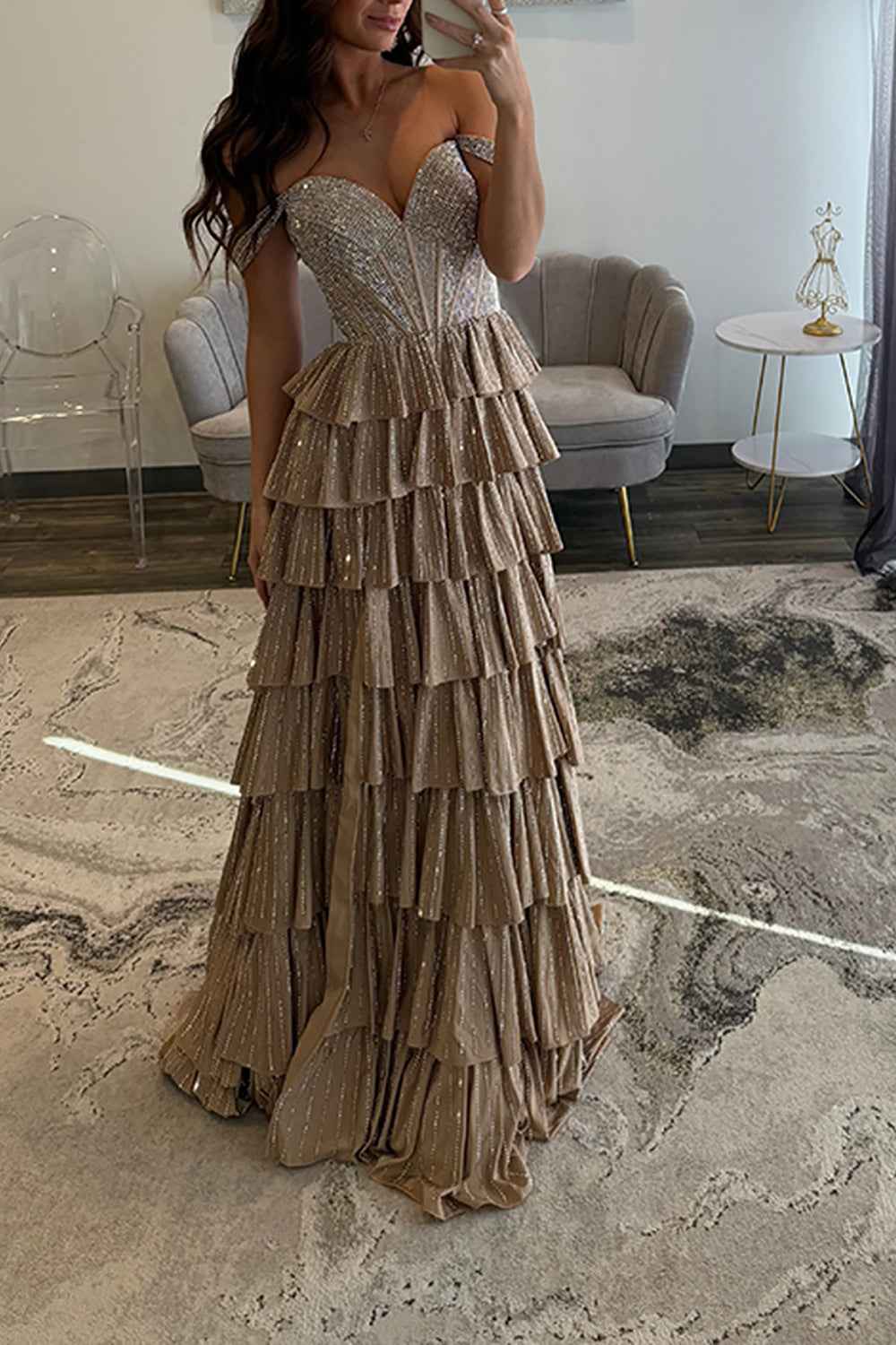 Sparkly Gold Off Shoulder Beaded A-Line Corset Prom Dress
