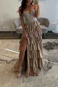 Sparkly Gold Off Shoulder Beaded A-Line Corset Prom Dress