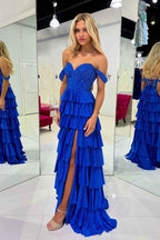 Sparkly Gold Off Shoulder Beaded A-Line Corset Prom Dress