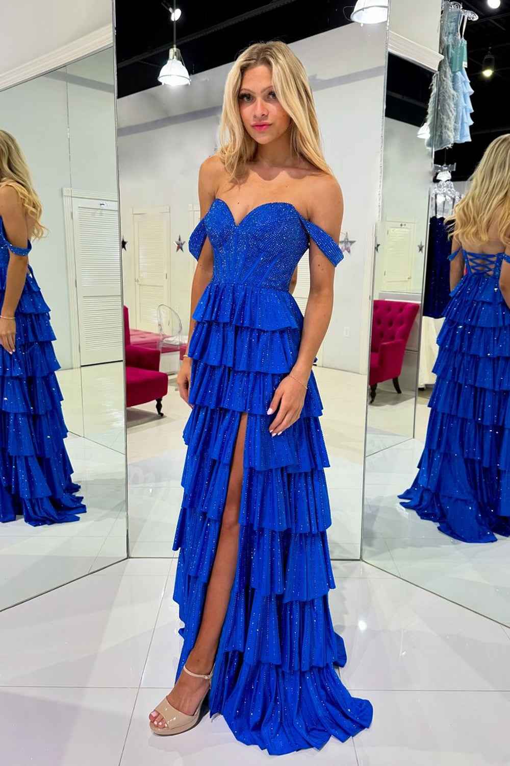 Sparkly Gold Off Shoulder Beaded A-Line Corset Prom Dress
