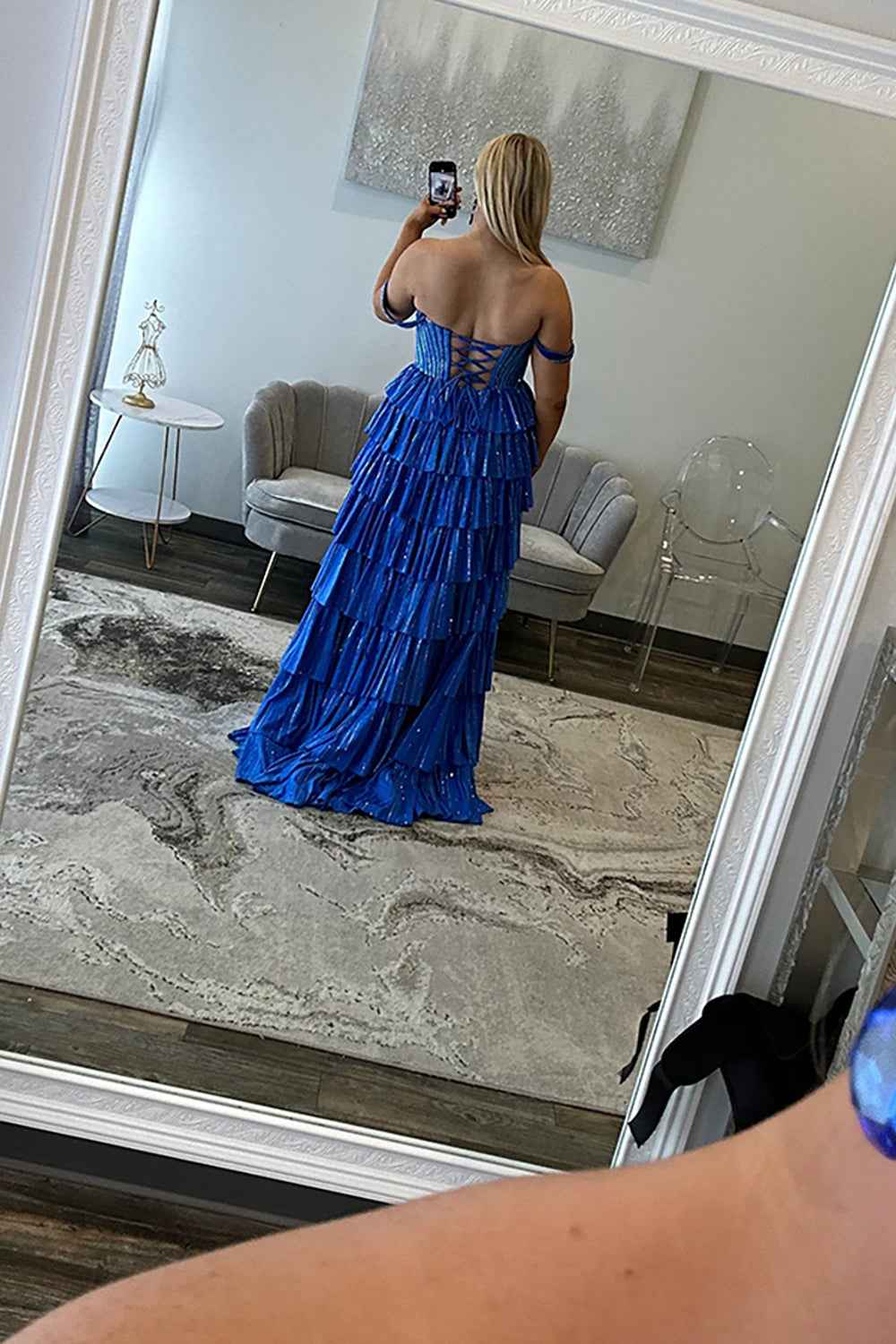 Sparkly Gold Off Shoulder Beaded A-Line Corset Prom Dress
