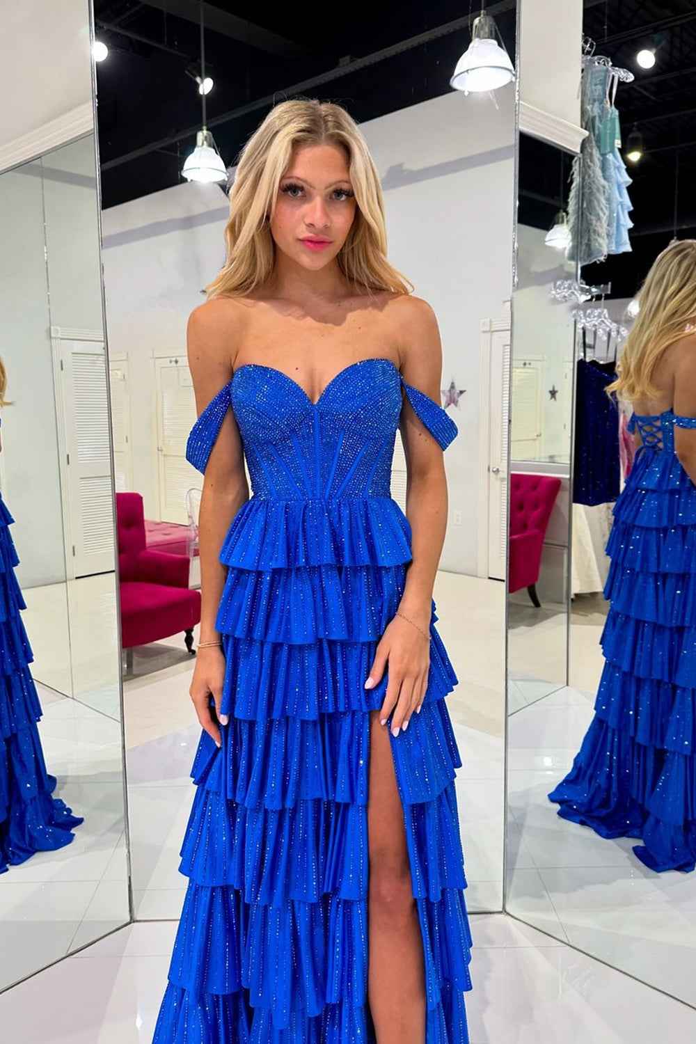 Sparkly Gold Off Shoulder Beaded A-Line Corset Prom Dress