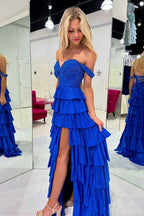 Sparkly Gold Off Shoulder Beaded A-Line Corset Prom Dress