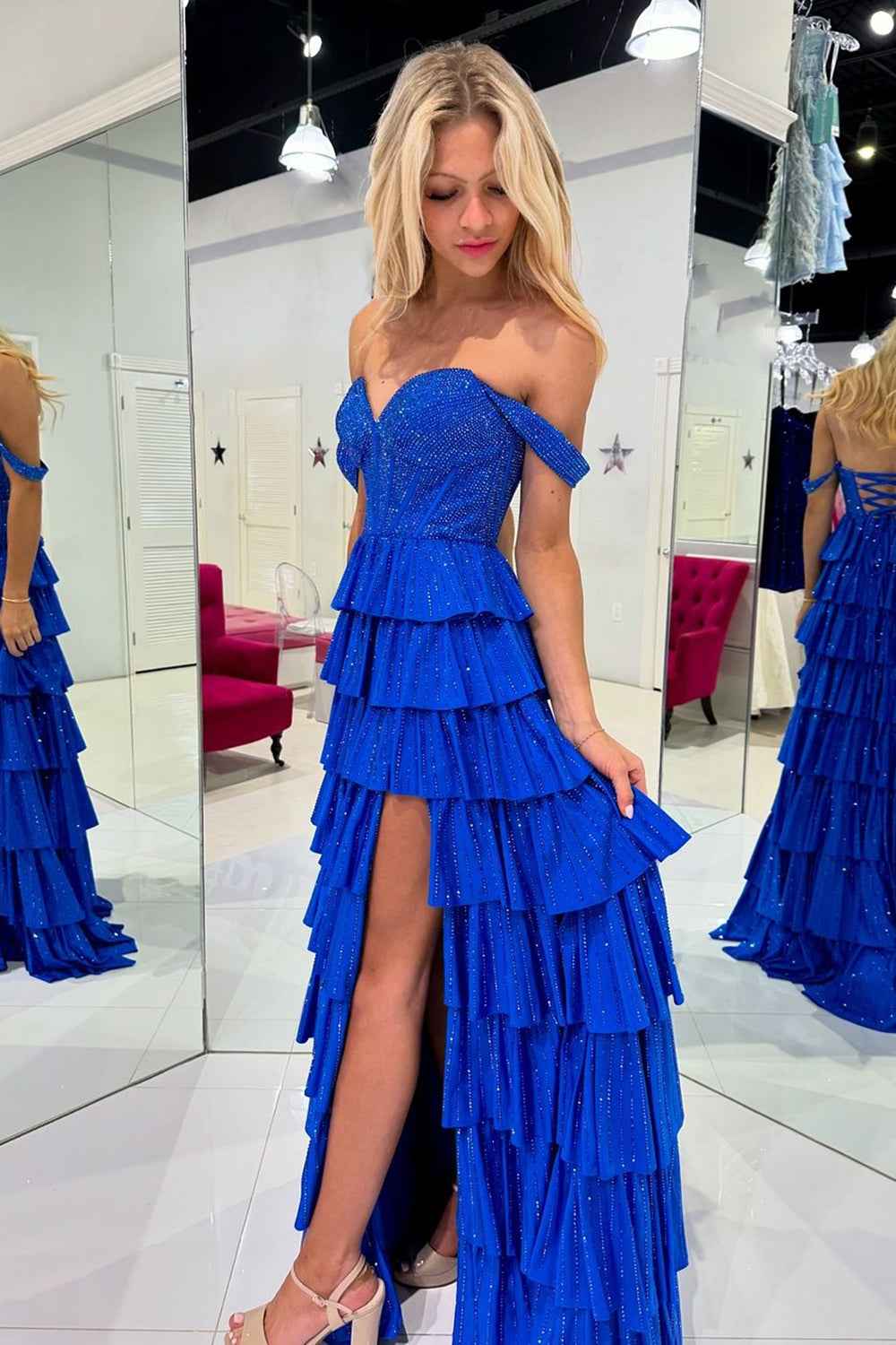 Sparkly Gold Off Shoulder Beaded A-Line Corset Prom Dress