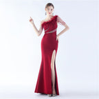 Abendkleid Craft Strass Handgefertigt Perlen Straußenfeder Diagonalkragen One-Shoulder-Kleid 