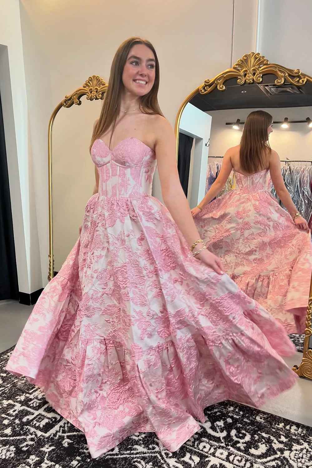 Chic Blue Floral Sweetheart A-Line Long Corset Prom Dress