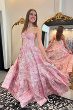 Chic Blue Floral Sweetheart A-Line Long Corset Prom Dress
