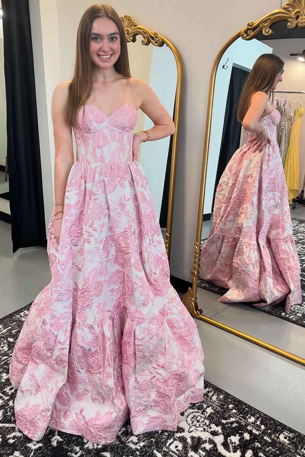 Chic Blue Floral Sweetheart A-Line Long Corset Prom Dress
