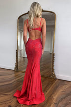 Glitter Yellow Spaghetti Straps Mermaid Cutout Long Prom Dress With Beading