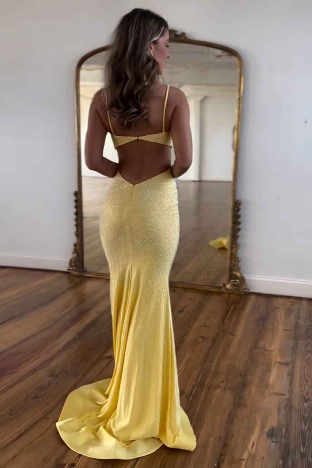 Glitter Yellow Spaghetti Straps Mermaid Cutout Long Prom Dress With Beading